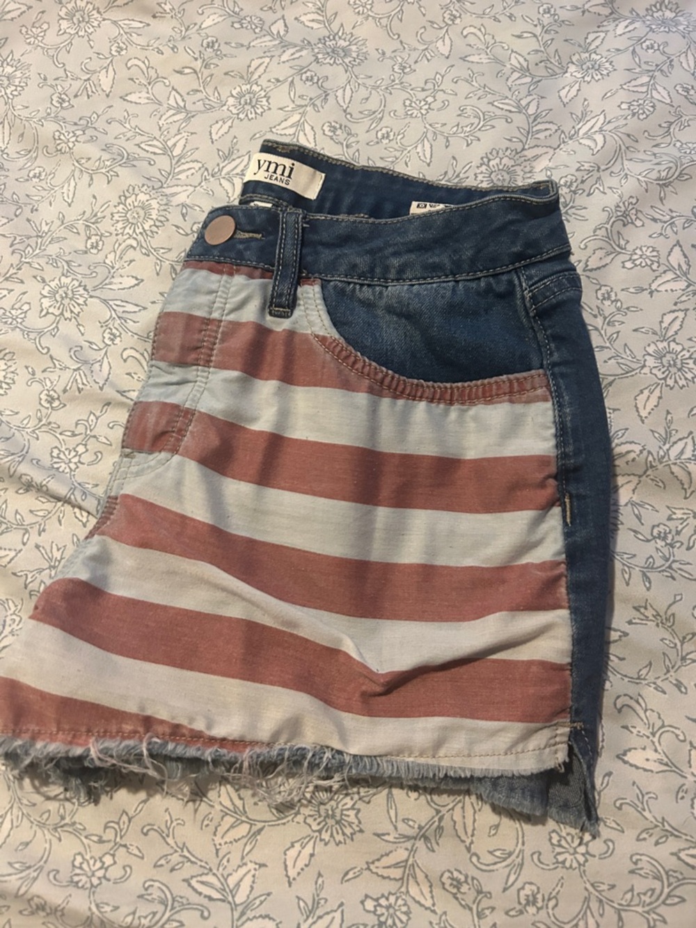 YMI Women's Flag Print Denim Shorts - Faded Blue & Red - Picture 8 of 9